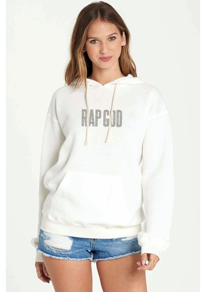Rap God Baskılı Beyaz Kadın Örme Kapşonlu Sweatshirt Uzun Kol
