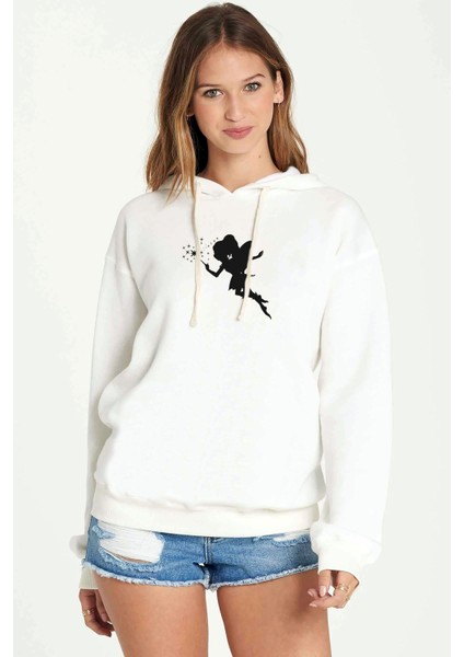 Silhouette Fairy Baskılı Kadın Örme Kapüşonlu Beyaz Sweatshirt Uzun Kol