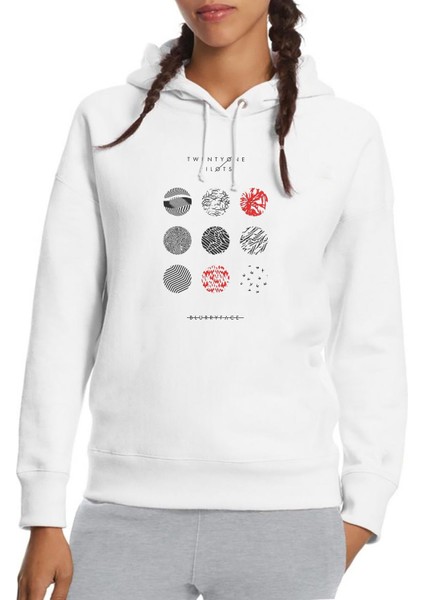Twenty One Pilots Blurryface Baskılı Beyaz Kadın Örme Kapşonlu Sweatshirt Uzun Kol