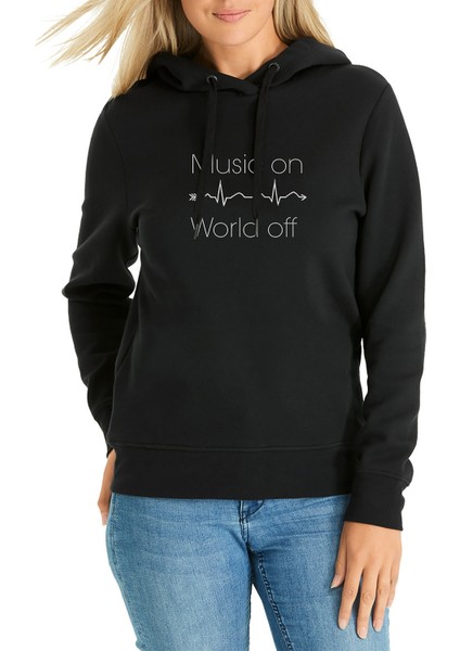 Music On World Off Baskılı Siyah Kadın Örme Kapşonlu Sweatshirt Uzun Kol