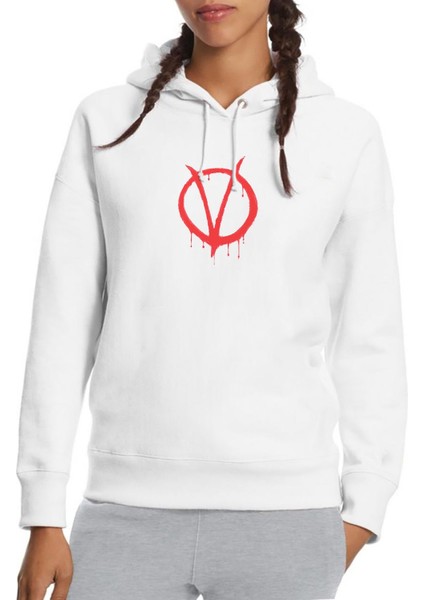 V For Vendetta Baskılı Beyaz Kadın Örme Kapşonlu Sweatshirt Uzun Kol