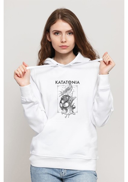 Skull Kurukafa Metal Music Baskılı Beyaz Kadın Örme Kapşonlu Sweatshirt Uzun Kol
