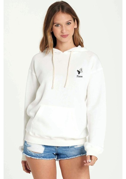 Balık Burcu Baskılı Beyaz Kadın Örme Kapşonlu Sweatshirt Uzun Kol