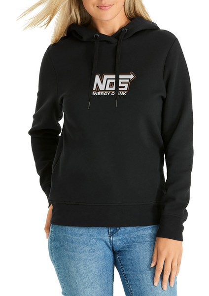 Nos Energy Drink Logo Baskılı Siyah Kadın Örme Kapşonlu Sweatshirt Uzun Kol