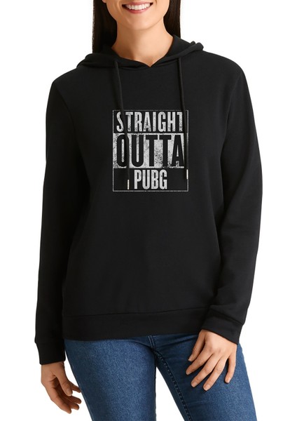 Pubg Straıght Outta Pubg Baskılı Siyah Kadın Örme Kapşonlu Sweatshirt Uzun Kol