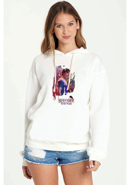 Stranger Things Will Wallpaper Baskılı Kadın Örme Kapüşonlu Beyaz Sweatshirt Uzun Kol