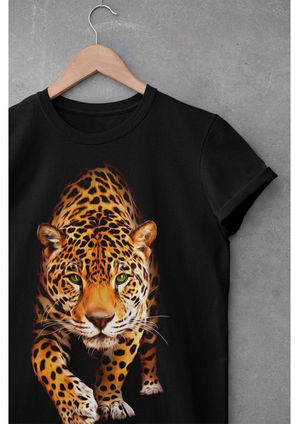Unisex %100 Pamuk Siyah, Rahat Kalıp, Asi 3D Görünümlü Kaplan, Tiger T-Shirt