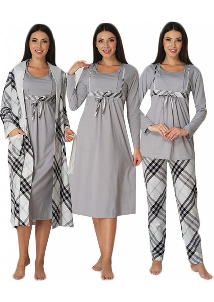 Effortt Gri Sabahlıklı Lohusa Pijama Gecelik 4 Lü Set 8086