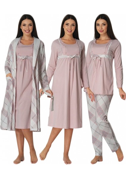 Hamile Çarşısı Effortt 8086 Pembe Sabahlıklı Lohusa Pijama Gecelik Set