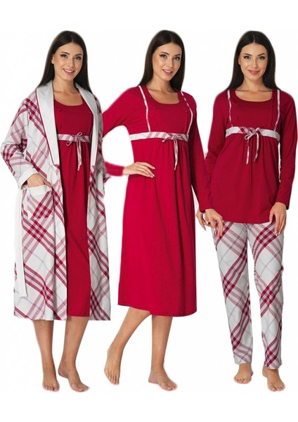 Hamile Çarşısı Effortt 8086 Vişne Sabahlıklı Lohusa Pijama Gecelik 4lü Set