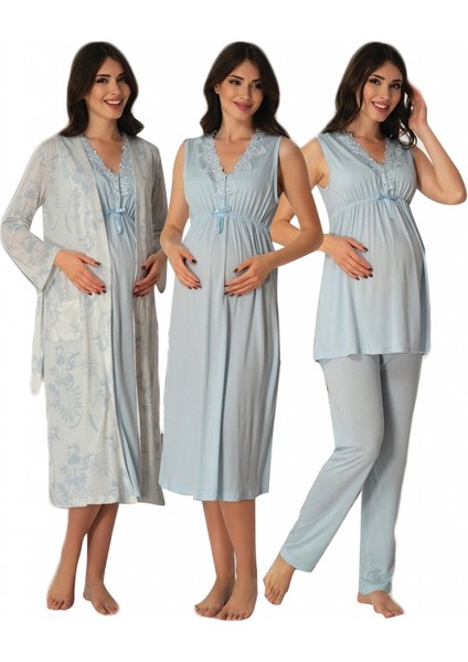 Effort Mavi Sabahlıklı Lohusa Gecelik Pijama Set 8036