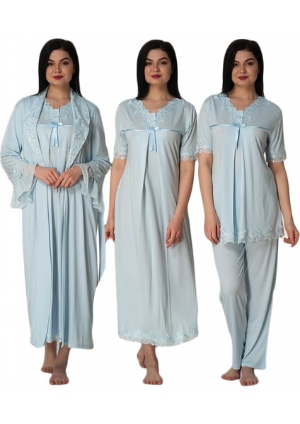 Effort Mavi Sabahlık Gecelik Pijama Set 5036