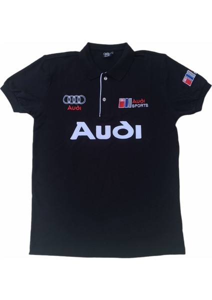 Erkek Polo Yakalı Siyah Audi Baskılı Kısa Kollu Tişört Etp-Aud