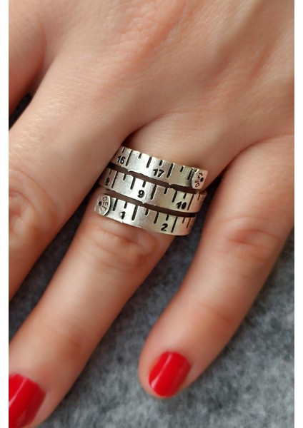 Antik Gümüş Kaplama Şerit Metre Şekilli El Yapımı Ayarlanabilir Yüzük