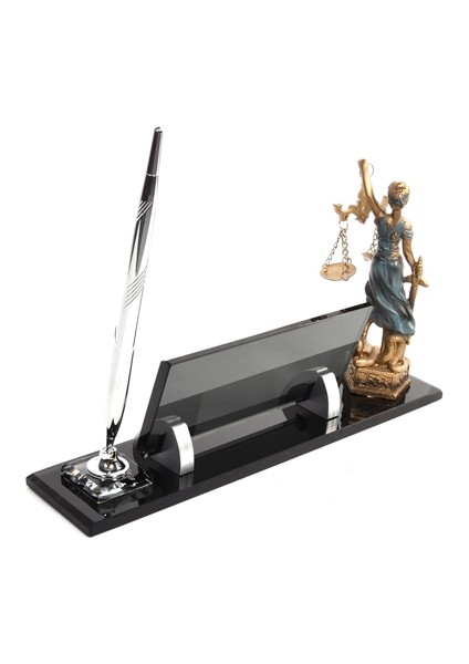 İsme Özel Avukat Themis Biblolu Ofis Masaüstü İsimlik Gümüş