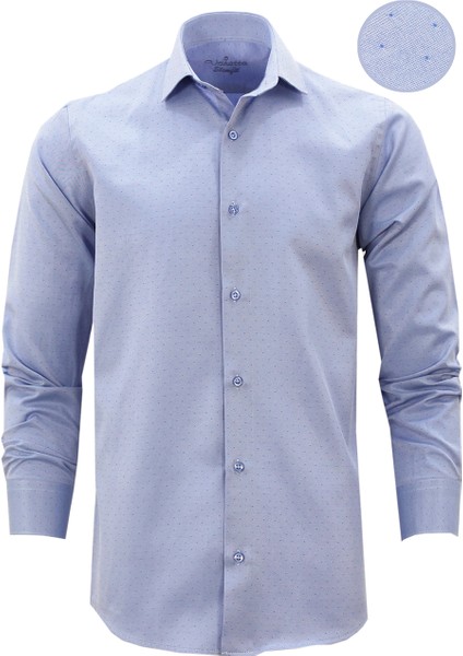 Erkek Koyu Mavi Slim Fit Kendinden Desenli Cepsiz Uzun Kollu Gömlek