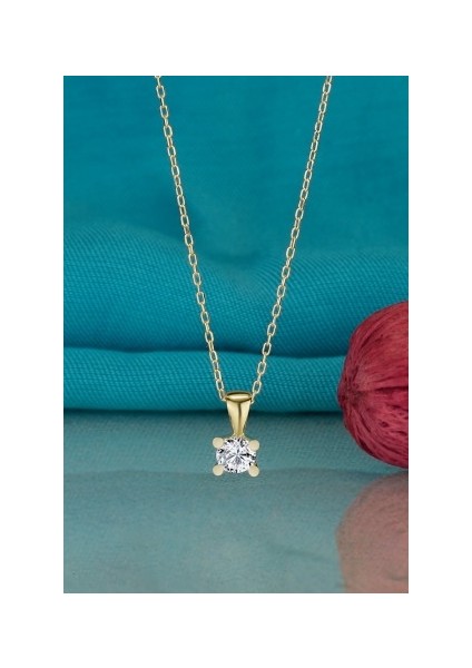 Gümüş Kolye Swarovski Taşlı Tektaş Altın Kaplama Kadın Kolye