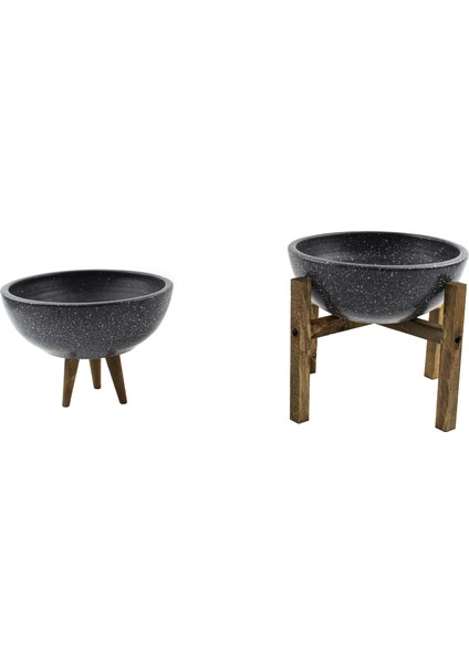 Gri Granit Boyalı Aranjman-Sunumluk Toprak Saksı-Ikili Set-20 cm Çap