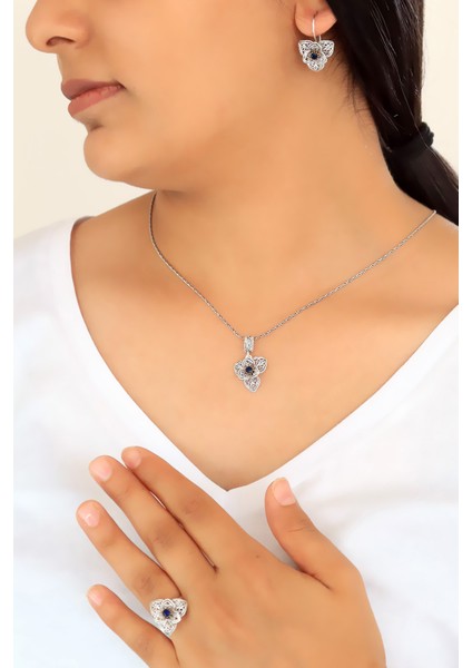 Zambak Model Safir Taşlı Telkari Gümüş Üçlü Set