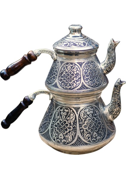 Bakır Çaydanlık Ağır İşlemeli Gümüş Renk (Kalaylı)