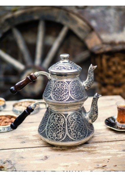 Bakır Çaydanlık Ağır İşlemeli Gümüş Renk (Kalaylı)