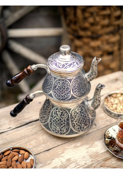 Bakır Çaydanlık Ağır İşlemeli Gümüş Renk (Kalaylı)