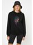 Düş Kapanı Baskılı Siyah Kadın Örme Kapşonlu Sweatshirt Uzun Kol 1