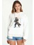 Rakun Rocket Baskılı Beyaz Kadın Örme Kapşonlu Sweatshirt Uzun Kol 1