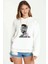Muhammed Ali Brush Baskılı Beyaz Kadın Örme Kapşonlu Sweatshirt Uzun Kol 1