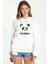 Panda Baskılı Beyaz Kadın Örme Kapşonlu Sweatshirt Uzun Kol 1