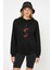 Red Flowers Roses Baskılı Siyah Kadın Örme Kapşonlu Sweashirt Uzun Kol 1