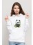 Panda Baskılı Beyaz Kadın Örme Kapşonlu Sweatshirt Uzun Kol 1