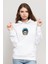 Skull With Blue Helmet Baskılı Beyaz Kadın Örme Kapşonlu Sweatshirt Uzun Kol 1