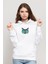 Cat Kedi V Baskılı Beyaz Kadın Örme Kapşonlu Sweatshirt Uzun Kol 1