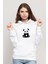 Panda Baskılı Beyaz Kadın Örme Kapşonlu Sweatshirt Uzun Kol 1