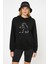 Trt Linea Baskılı Siyah Kadın Örme Kapşonlu Sweatshirt Uzun Kol 1