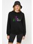 Grafitti Neon Light Baskılı Siyah Kadın Örme Kapşonlu Sweatshirt Uzun Kol 1