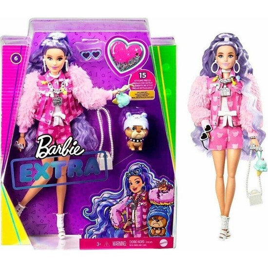 Barbie Extra Mor Saçlı Bebek, Pembe Ayıcıklı Kot Ceketi ve Şortu, Köpek Figürü, Mor Renkli Uzun Kıvırcık Saçları, Aksesuarları ve Bükülebilen Eklemleri ile, 3 Yaş ve Üzeri Gxf08