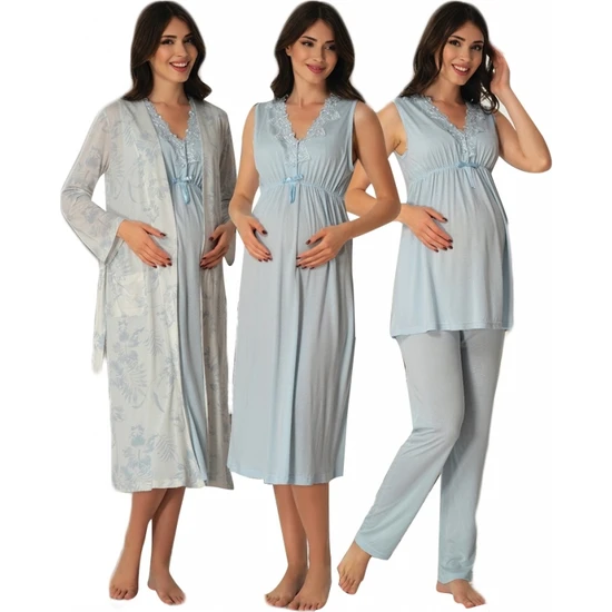 Hamile Çarşısı Effort Mavi Sabahlıklı Lohusa Gecelik Pijama Set 8036