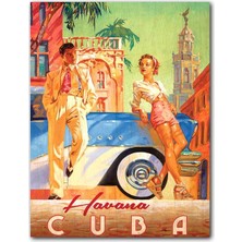 Cakatablo  Ahşap Tablo Cuba Havana Afiş Şekilli Görsel