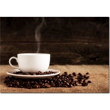 Cakatablo  Ahşap Tablo Kahve Çekirdekleri ve Dumanı Üstünde Fincan Kahve