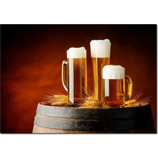 Cakatablo  Ahşap Tablo Fıçı Üzerinde Başaklar ve Köpüklü Biralar