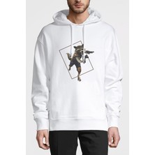 Qivi Roket Rakun Baskılı Beyaz Erkek Örme Kapşonlu Sweatshirt Uzun Kol