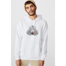 Qivi Kaplan Baskılı Beyaz Erkek Örme Kapşonlu Sweatshirt Uzun Kol