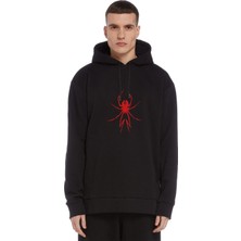 Qivi Red Spider Kırmızı Örümcek Baskılı Siyah Erkek Örme Kapşonlu Sweatshirt Uzun Kol