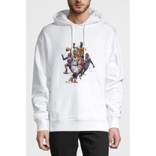Qivi Basket Basketbol Spor Baskılı Beyaz Erkek Örme Kapşonlu Sweatshirt Uzun Kol