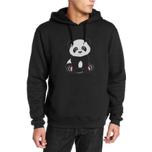 Qivi Panda Baskılı Siyah Erkek Örme Kapşonlu Sweatshirt Uzun Kol