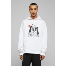 Qivi Aerosmith Hard Rock Rock And Roll Baskılı Beyaz Erkek Örme Kapşonlu Sweatshirt Uzun Kol