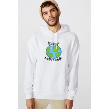 Qivi Respect Mother Earth Baskılı Beyaz Erkek Örme Kapşonlu Sweatshirt Uzun Kol