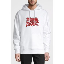 Qivi Morbid Angel Logo Baskılı Beyaz Erkek Örme Kapşonlu Sweatshirt Uzun Kol